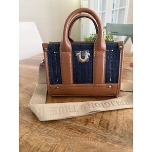 True Religion Mini Denim Satchel Bag Cognac Trim Crossbody Strap NWOT Y2K